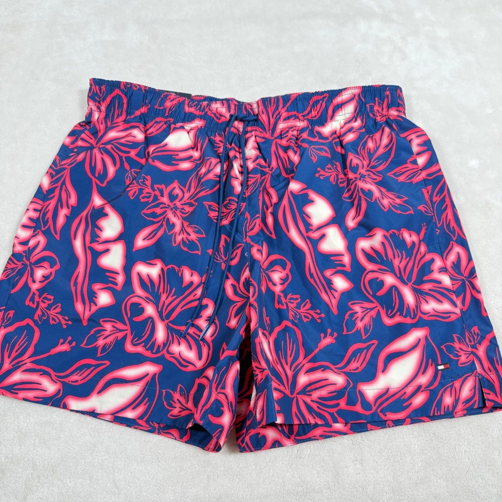 Tommy Hilfiger Mens Swim Trunks Navy Blue Pink Hibiscus Floral Shorts Size Large